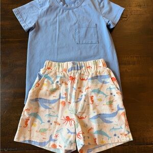 Kids Ocean Print Matching Set - Blue Tee & Sea Life Shorts